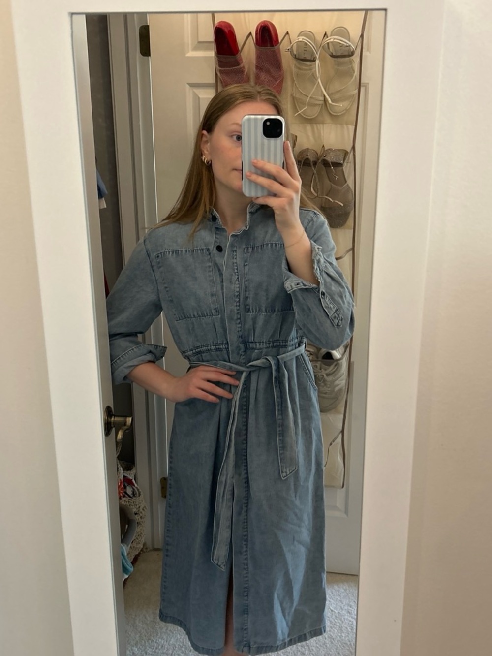 Denim Shirt Dress with Tie Waist - Light Blue